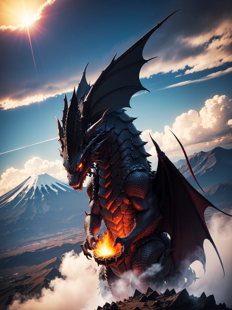 a dark dragon. on top of Mount Fuji. spitting fire towards the sun.