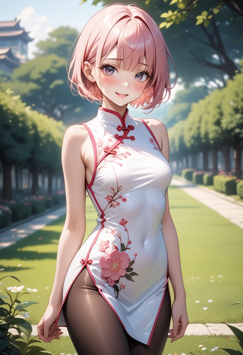 ((A Chinese dress with flashy embroidery)), Metallic Outfit, (The hem of the costume is long), (Black pantyhose), skinny, solo, 1 woman, Masterpiece, highest quality, highest quality, 16K, incredibly absurd, highly detailed, 2.5D, ai-generated, delicate and dynamic, very delicate facial expressions, delicate eye depiction, erotic, only sexy woman, ((A cute and kind face)), healthy figure, ((25-year-old woman)), 160cm tall, medium firm swaying bust, (short hair), (pink hair:1.5), bob cut, black eye, blush, Sweat,Embarrassed,sexy, ((thin thighs)), (camel toe:0.8), (Erect nipples:0.9), (visible nipples:0.9), ((shiny and lustrous)), facing straight at viewer, smile, (standing), cowboy shot, ((arm at side)), Large park, daytime, bright, on the grass,