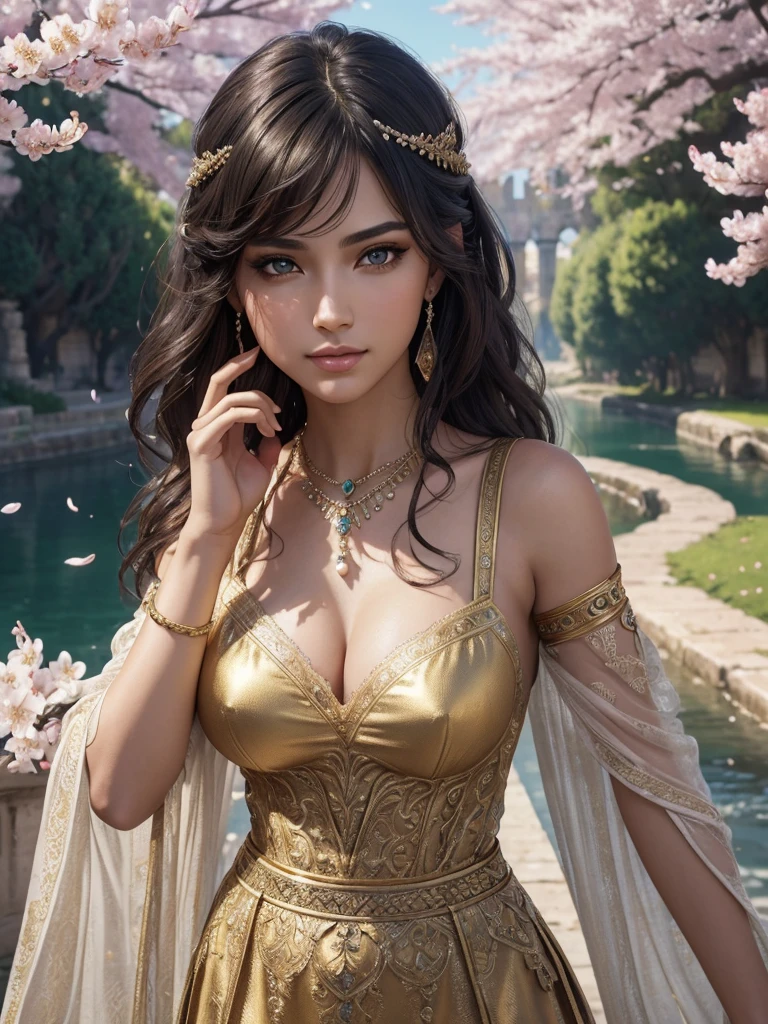 Cleopatra, ultra realistic 8k cg, flawless, clean, masterpiece, professional artwork, famous artwork, cinematic lighting, cinematic bloom, perfect face, beautiful face, fantasy, dreamlike, unreal, science fiction, lace, lace trim, lace-trimmed legwear, luxury, jewelry, diamond, gold, pearl, gem, sapphire, ruby, emerald, intricate detail, delicate pattern, charming, alluring, seductive, erotic, enchanting, hair ornament, necklace, earrings, bracelet, armlet, halo, autumn, (1girl, pov, best quality, ), (1girl, solo, large breasts, looking at viewer, cherry blossoms, ), **Realis** (Wide portrait, masterpiece, highest quality, UHD texture, High quality shadow, intricate details, beautifully detailed, vivid colors, cinematic light, soft glow, bokeh, sharp focus, detailed beautiful delicate face, perfect composition, pure innocence) (best quality, 4k, highres, masterpiece, ultra-detailed, realistic, highly detailed photo, fine detail, polished, complex, elegant, sharp focus, illuminated, highly detailed, cinematic, still, professional, thought, iconic, gorgeous, romantic), **Grove** (High Detail RAW color Photo, beautiful girl, model girl, 21 years old, seductive grin, smokey eye shadow, high detail skin, high detail eyes, seductive eyes, smokey makeup, wild dark hair, Wavy Cut with Curtain Bangs, Roman Villa, River olive Trees, ancient rome, aquaduct, detailed clothing, intricate clothing, action pose, looking at camera, motion, beautiful digital artwork atmospheric, raytracing)