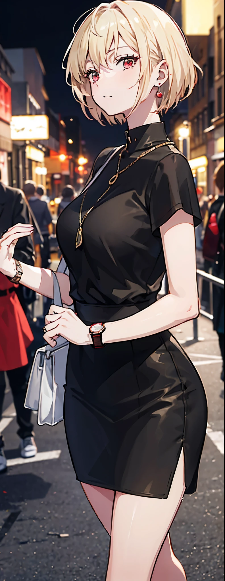 High resolution, High resolution,2D Anime Style,,Cool woman,Mature,,20th generation,short hair,Blonde,Red eyes,Beautiful Watches,Beautiful earrings,Street fashion,Walking,night,