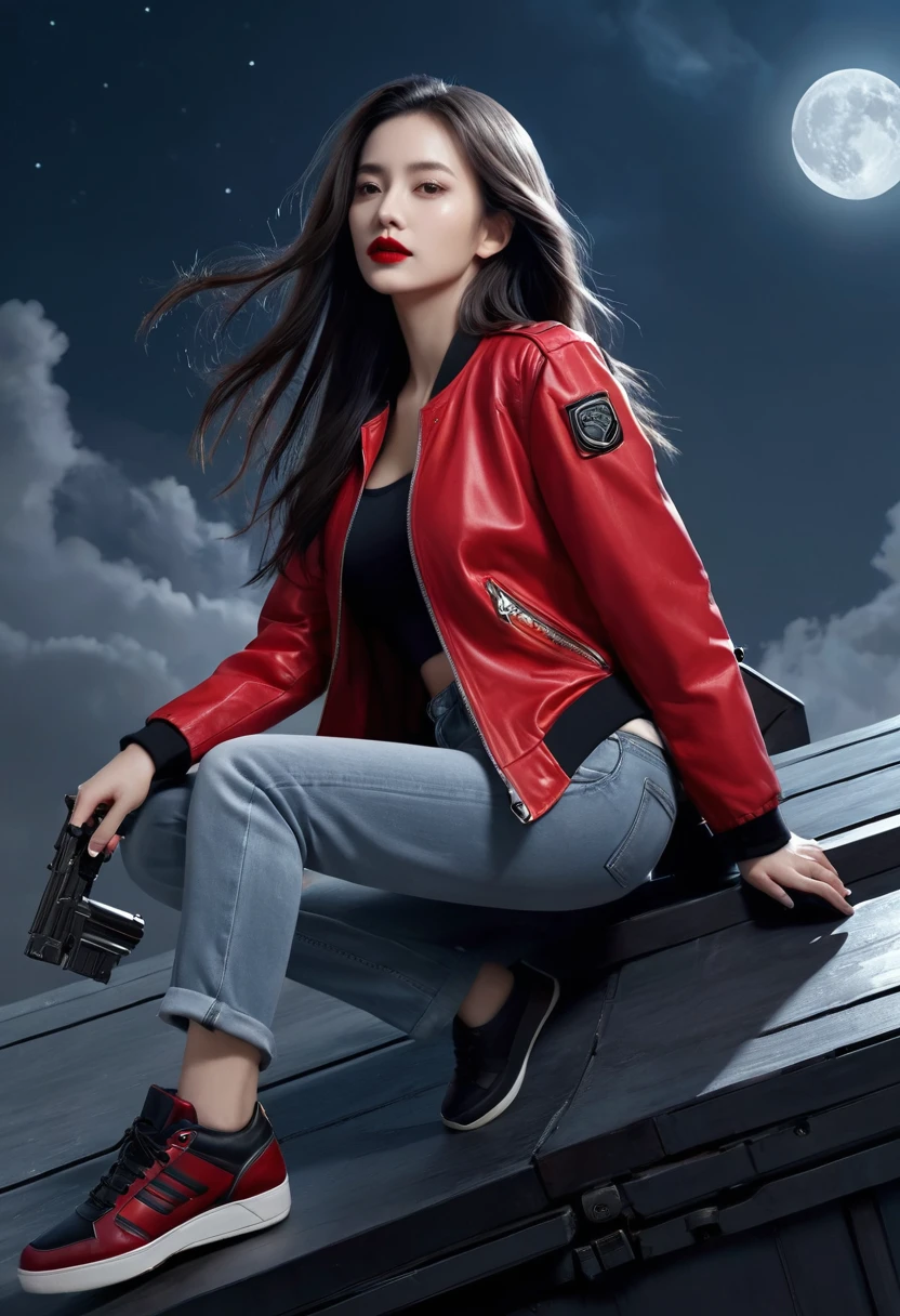 (Sci-fi fantasy), (masterpiece), (Professional Oil Painting) (Highest quality), (8K resolution), (1 beautiful girl), ((Pale grey skin)), (Iron grey skin), ((Jeans Clothes)),(Red jacket)), ((Black t-shirt underneath), ((Red lipstick)), ((Black sneakers)), (Concept Art), Small box, (Long Hair), (Messy Hair), (Gray Hair), (Iron-gray hair), ((With futuristic weapons)), (ammunition), ((Moonlight at night)), (Sit down and think))