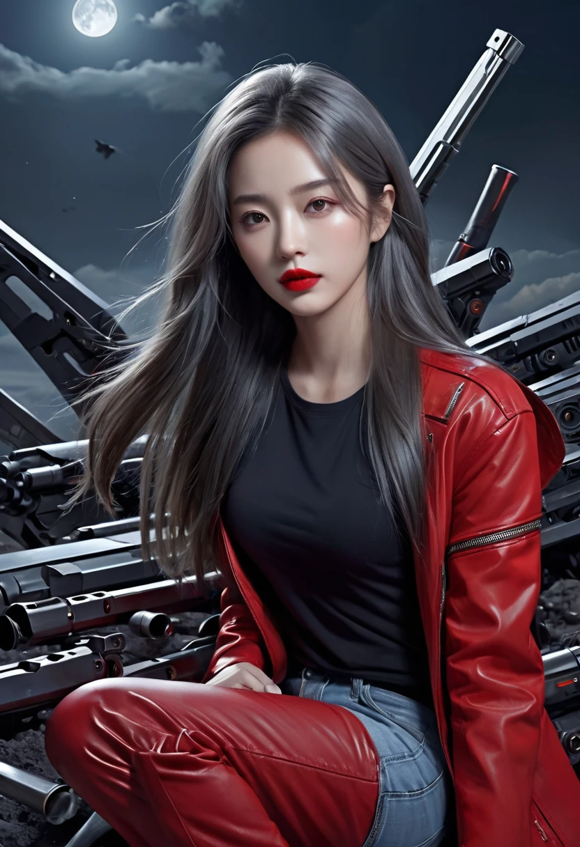(Sci-fi fantasy), (masterpiece), (Professional Oil Painting) (Highest quality), (8K resolution), (1 beautiful girl), ((Pale grey skin)), (Iron grey skin), ((Jeans Clothes)),(Red jacket)), ((Black t-shirt underneath), ((Red lipstick)), ((Black sneakers)), (Concept Art), Small box, (Long Hair), (Messy Hair), (Gray Hair), (Iron-gray hair), ((With futuristic weapons)), (ammunition), ((Moonlight at night)), (Sit down and think))