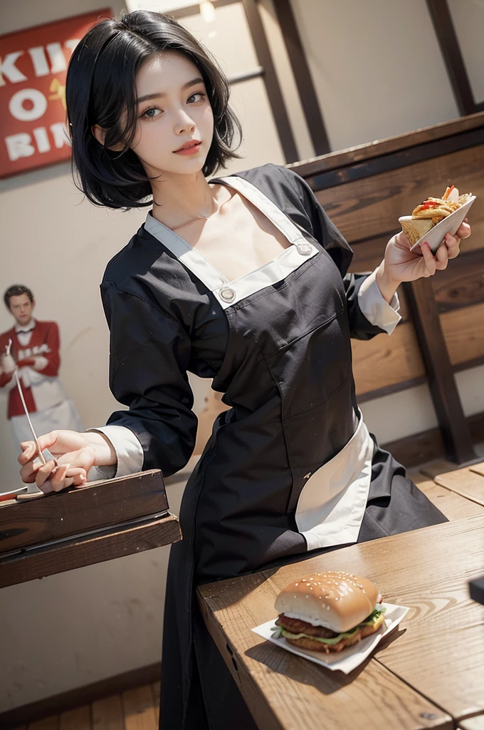 (((best quality))),(((ultra detailed))),(((masterpiece))),illustration,((1girl,fast food worker,solo)),(straight black bob hair:1.2),((slim,thin)),((small breasts,flat chest)),sitting,(in KFC:1.3), (burgers and drink on the table:1.2),((apron,white collar sleeved shirt)), clean, fresh, bright face, sparkling eyes, rosy cheeks, beautiful smile, white teeth, neatly combed hair,sexiness,visible, natural, carefree,bustling restaurant, other customers, enjoying meals, chatting, bright lighting, warm atmosphere, joy, relaxation, cute appearance, carefree attitude, visually appealing, heartwarming,((upper body,from front))