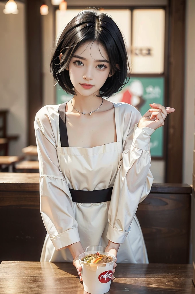 (((best quality))),(((ultra detailed))),(((masterpiece))),illustration,((1girl,fast food worker,solo)),(straight black bob hair:1.2),((slim,thin)),((small breasts,flat chest)),sitting,(in KFC:1.3), (burgers and drink on the table:1.2),((apron,white collar sleeved shirt)), clean, fresh, bright face, sparkling eyes, rosy cheeks, beautiful smile, white teeth, neatly combed hair,sexiness,visible, natural, carefree,bustling restaurant, other customers, enjoying meals, chatting, bright lighting, warm atmosphere, joy, relaxation, cute appearance, carefree attitude, visually appealing, heartwarming,((upper body,from front))