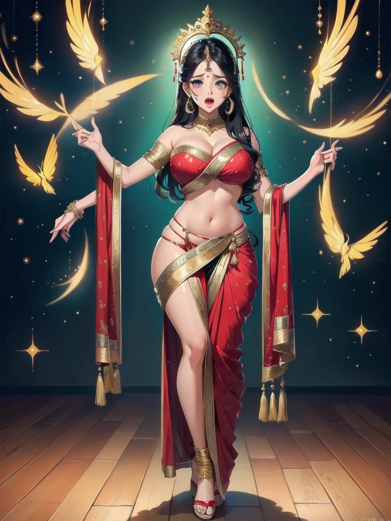 1girl ,Indian desi beautiful girl in saree fully covered, (masterpiece:1.3), (8k, trending on art station, best quality: 1.4), detailed, symmetric face, beautiful eyes, anime style, sexy pose, indian traditional dress, hot, standing, bend on stomach pose,face on front,huge breast,off shoulder ,'i can see all breast',open mouth tongue out,saliva ,crying,leg off,full body shot,