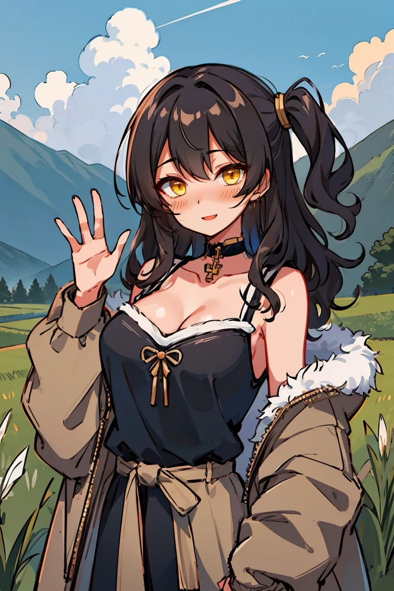 (masterpiece:1.2), (high quality:1.2), (hui xiyi:0.7), rekkyo sensen, rekkyou sensen, girls with((1girl, solo, black hair, yellow eyes, (wavy medium hair, one side up:1.3), blush, breasts, choker, cleavage, coat, collar, collarbone, cowboy shot, purple camisole, dress, black ribbon belt, rosary, cross, fur, khaki jacket, hood down, hooded coat, hooded jacket, hoodie, jacket, large breasts, long hair, long sleeves, medium breasts, open clothes, open coat,open hoodie, sleeveless, winter clothes, zipper, cleavage, upper body, hand up, waving, palm)), background with((architecture, blue sky, bush, castle, village, no humans, cloud, cloudy sky, day, field, garden, grass, hill, house, lamppost, landscape, mountain, mountainous horizon, nature, no humans, outdoors, scenery, shrine, sky))