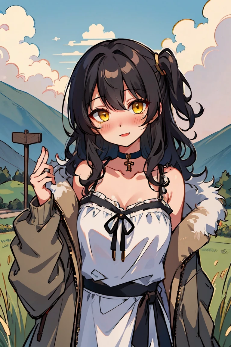 (masterpiece:1.2), (high quality:1.2), (hui xiyi:0.7), rekkyo sensen, rekkyou sensen, girls with((1girl, solo, black hair, yellow eyes, (wavy medium hair, one side up:1.3), blush, breasts, choker, cleavage, coat, collar, collarbone, cowboy shot, purple camisole, dress, black ribbon belt, rosary, cross, fur, khaki jacket, hood down, hooded coat, hooded jacket, hoodie, jacket, large breasts, long hair, long sleeves, medium breasts, open clothes, open coat,open hoodie, sleeveless, winter clothes, zipper, cleavage, upper body, hand up, waving, palm)), background with((architecture, blue sky, bush, castle, village, no humans, cloud, cloudy sky, day, field, garden, grass, hill, house, lamppost, landscape, mountain, mountainous horizon, nature, no humans, outdoors, scenery, shrine, sky))