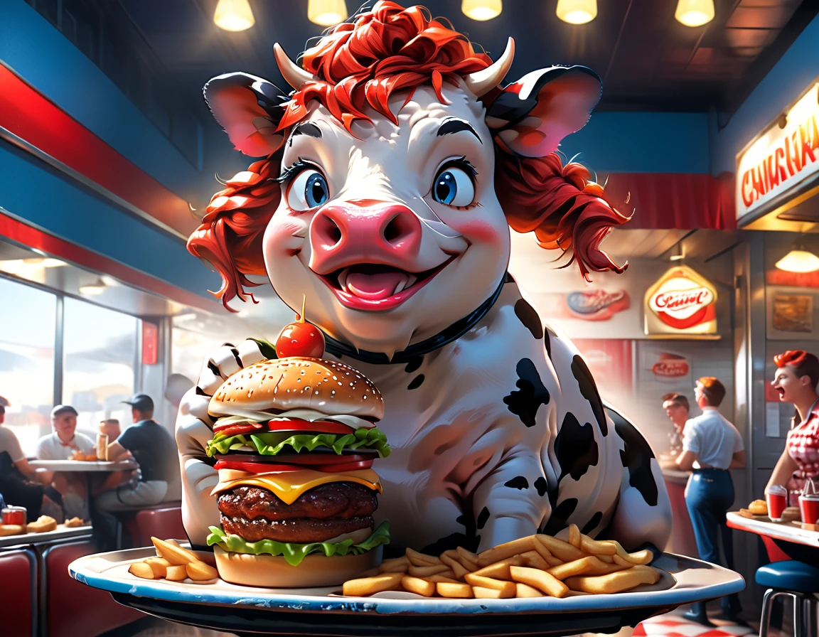 a 3D digital painting picture of extremely beautiful  (anthropomorphic cow:1.3) ((serving a big hamburger on a tray: 1.3)) in an American diner, an exquisite beautiful female (cow anthropomorphic:1.3), ultra feminine ultra detailed face, red hair, short hair, little fury, red lips, blue eyes, wearing sexy white seductive latex dress, looking at a American  kitchen background,  dynamic angle, , award winning, best quality, high quality, high details, highres, vibrant, Ultra-high resolution, High Contrast, (masterpiece:1.5), highest quality, Best aesthetics, best details, best quality, highres, ultra wide angle, 16k, [ultra detailed], masterpiece, best quality,  photorealistic, 3D rendering, furry