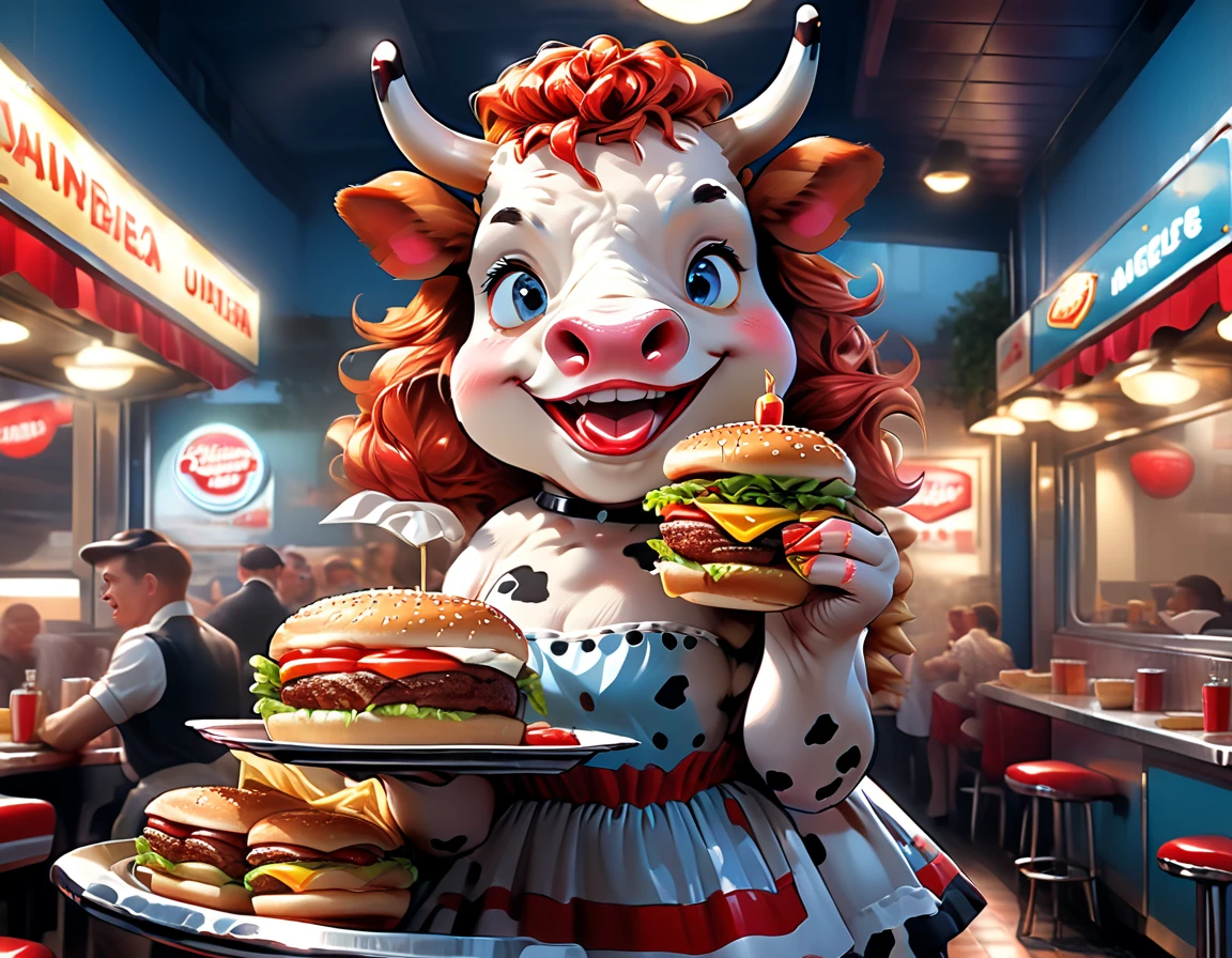 a 3D digital painting picture of extremely beautiful  (anthropomorphic cow:1.3) serving a big juicy steak on a tray in American diner, an exquisite beautiful female (cow anthropomorphic:1.3), full body, ultra feminine ultra detailed face, red hair, short hair, little fury, red lips, blue eyes, wearing sexy white seductive latex dress, looking at a American  kitchen background,  dynamic angle, , award winning, best quality, high quality, high details, highres, vibrant, Ultra-high resolution, High Contrast, (masterpiece:1.5), highest quality, Best aesthetics, best details, best quality, highres, ultra wide angle, 16k, [ultra detailed], masterpiece, best quality,  photorealistic, 3D rendering, TomFischbeck