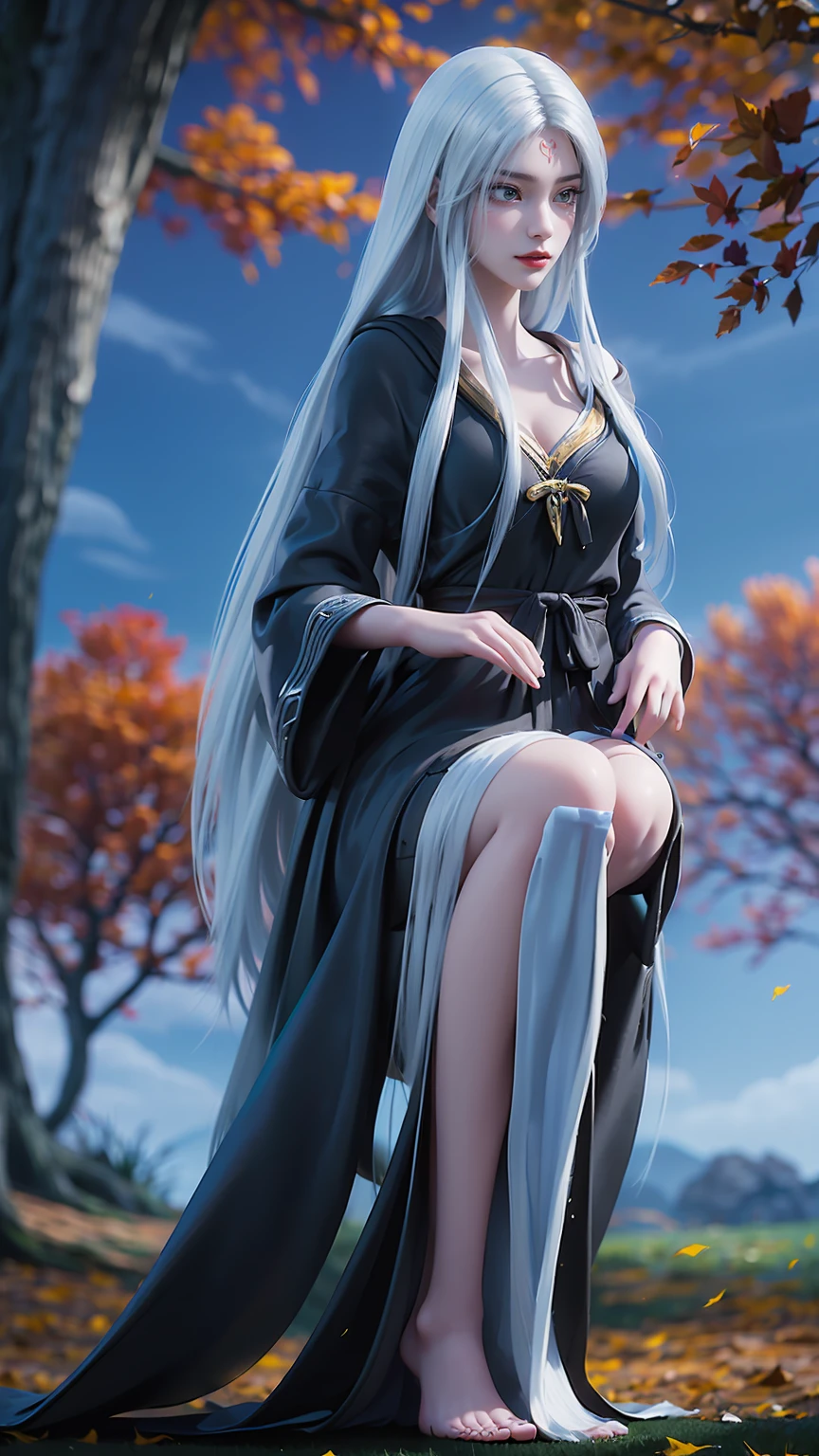 Arad woman in a dress sitting on a throne, cute anime waifu in a nice dress, trending on cgstation, 8K high quality detailed art, anime barbie in white, highly detailed exquisite fanart, Extremely detailed Artgerm, the anime girl is crouching, Flowing magic robe, Beautiful and attractive anime woman, WLOP 和 Sakimichan,(((White long hair))),(((Green eyes)),((Black robe)),((Place one hand on your chest))
