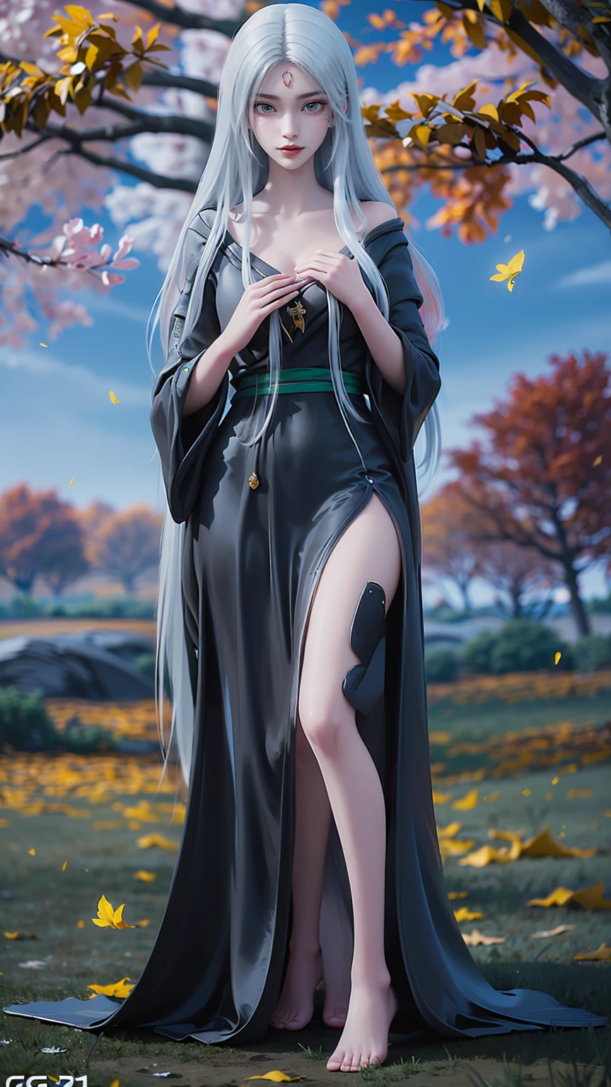 Arad woman in a dress sitting on a throne, cute anime waifu in a nice dress, trending on cgstation, 8K high quality detailed art, anime barbie in white, highly detailed exquisite fanart, Extremely detailed Artgerm, the anime girl is crouching, Flowing magic robe, Beautiful and attractive anime woman, WLOP 和 Sakimichan，(((White long hair)))，(((Green eyes))，((Black robe))，((Place one hand on your chest))