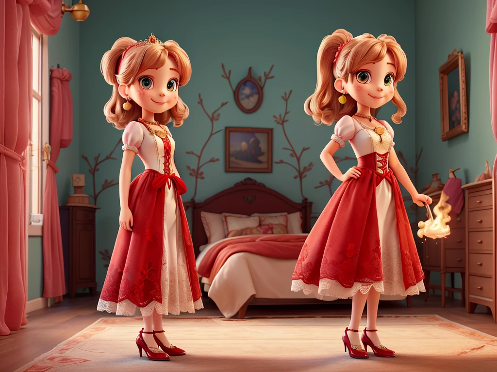 (best quality,4k,8k,highres,masterpiece:1.2),ultra-detailed, steampunk settings, Pretty 15 years old princess, drawn in anime style, she’s cute and joyful, smiling, long red pigtails hair, pink eyes, small breast, lipstick, makeup, pink eyeshadow, long eyelashes, dainty and delicate body, red princess gown with puffy sleeves, physically-based rendering,gorgeous dress design,flowing gown,elaborate lace details,rich textures,contrast stitching,delicate ribbon bows,floral accents,long maxi skirt,short sleeves,fitted waistline,lace-up back,luxurious fabrics,flawless silhouette, petticoat, bustle, corset, hair ribbons, white elbow gloves, ruby earrings and necklace, gold tiara, high heels, holding a magic fire wand, standing in princess bedroom with lacy curtains and red floral wallpaper.