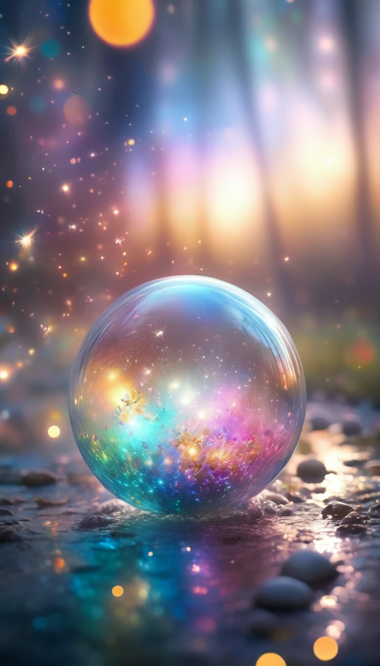 Image: Tyndall Effect Descriptive keywords: Iridescent, scattering of light, colorful, ethereal Photographic style: Abstract photography with soft focus and bokeh effects Tone: Dreamy and whimsical Object: A translucent sphere emitting vivid colored light particles Action: Floating serenely in a misty atmosphere, creating a mesmerizing display of light and colors.
