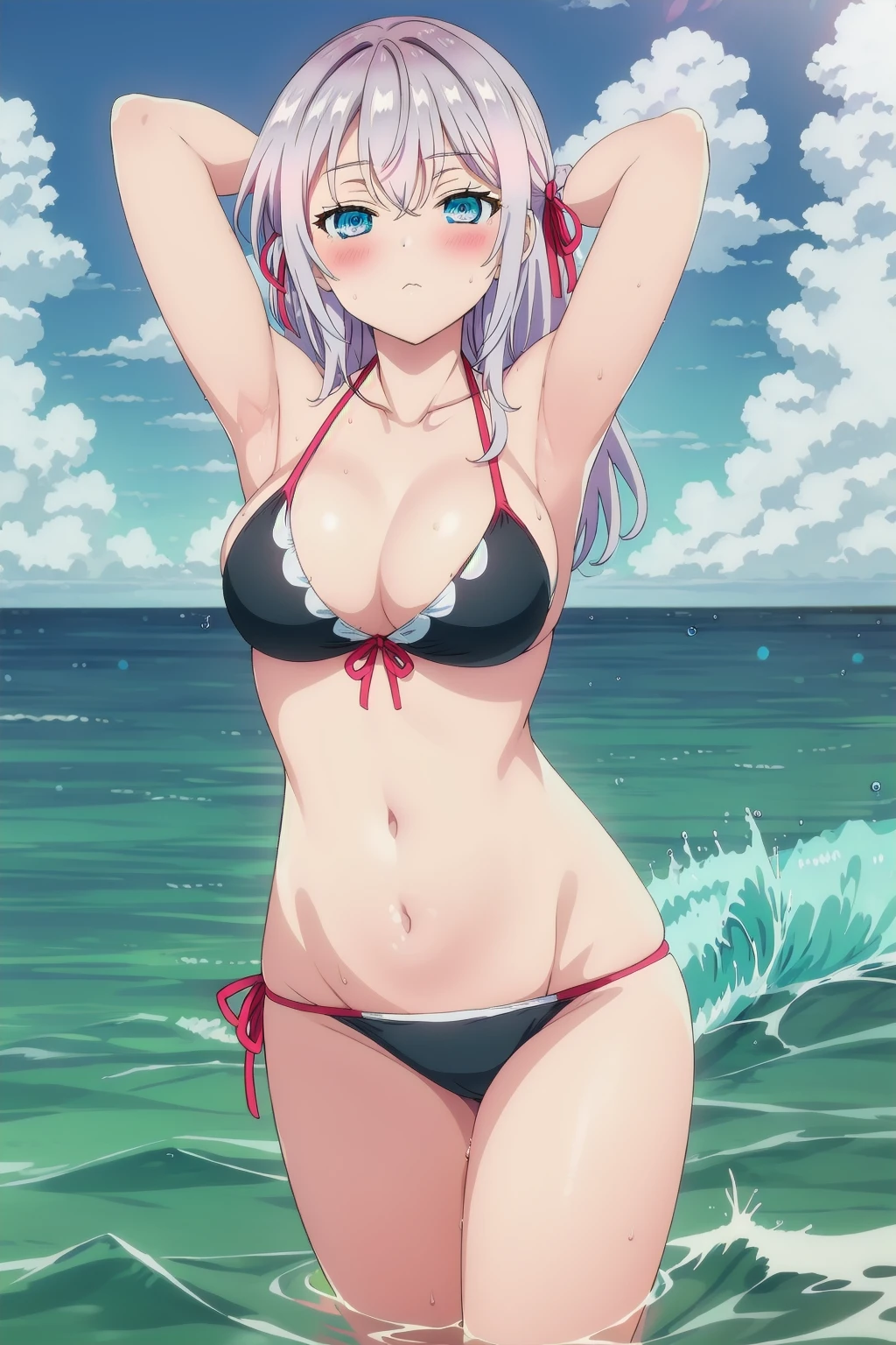 blue eyes, white hair,bangs,Long hair,hair ribbon,braid,blush,looking at the viewer, blue theme, blue background, cloudy sky, sunlight, sweat, orgasmic, bikini swimsuit,bikini,medium breasts, cleavage, belly button exposed, collarbone, thighs, sea ,wave,Hands behind head, armpits,head, Wave, splashe,
