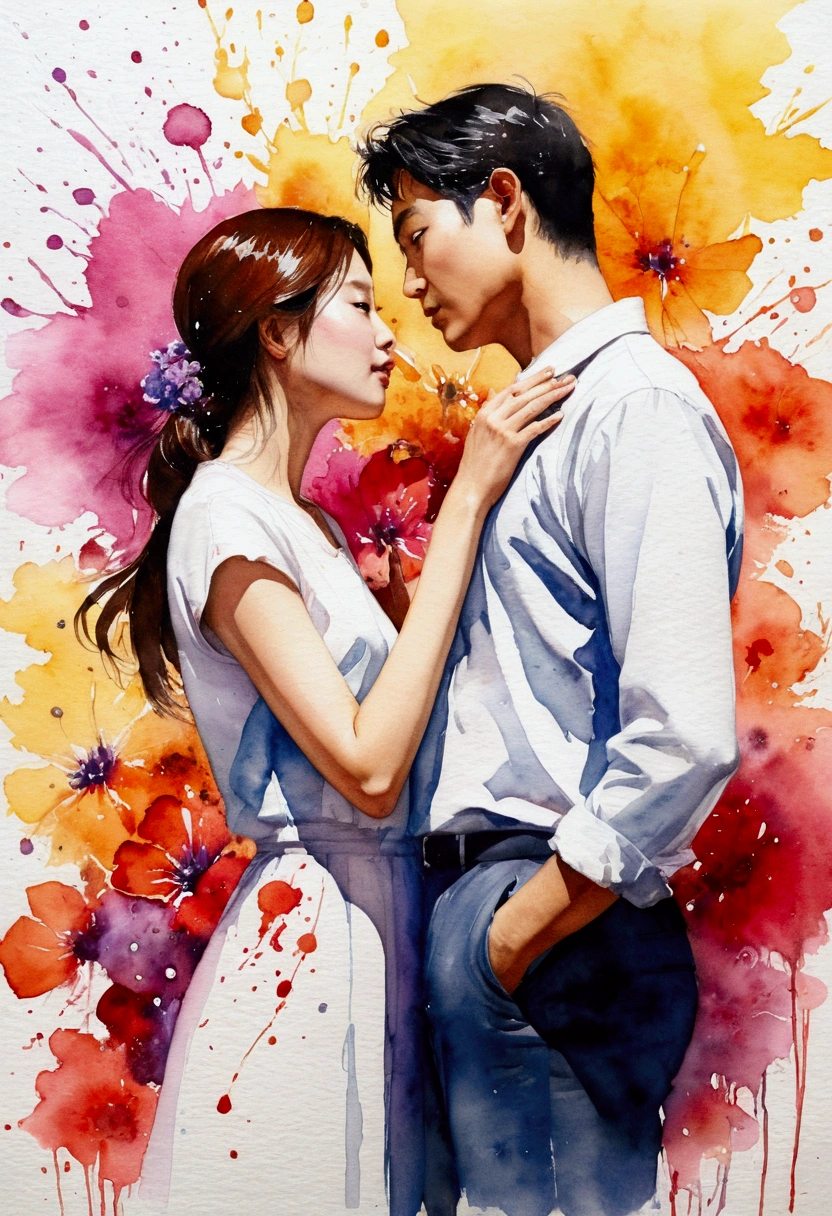 Lovers painting with splatter background and spray paint effect, director: Eugene Zack, Arte de la watercolor, director: Lots of calories, Pintura de watercolor, Estilo de pintura de watercolor, Arte detallado de la watercolor, director: by Reuben Tam, デジタルwatercolor, watercolor , 見事に緻密なwatercolor画, Arte de la watercolor, Grzegorz Rutkowski、color々Different types of flowers