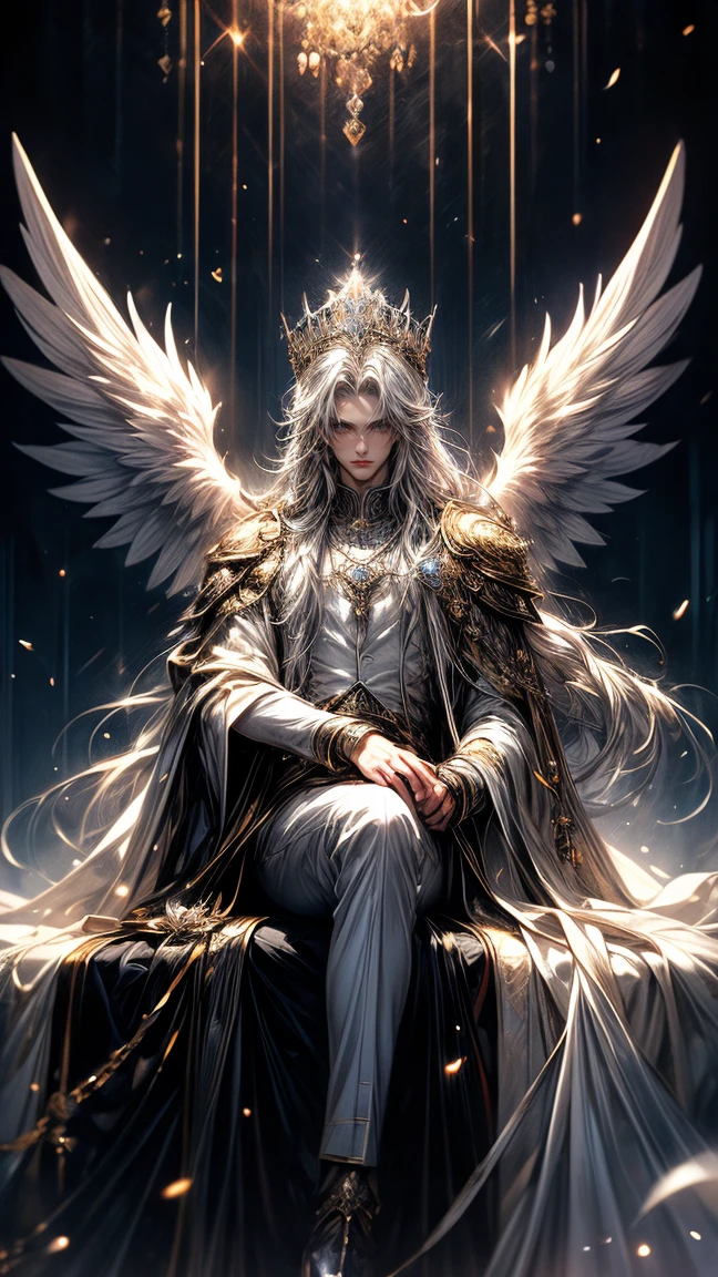 Masterpiece, best quality, high resolution, highly detailed, male, 1 man ( early twenties ), Good looking face,  white long flowing hair ( light in the hair), silver colored eyes ( eyes that glow ), serious expression ( cold look ), pale white skin, the has large angel like wings on his back ( pay attention to the wings ), wearing a white hoodie, and white pants, black watch, surrounded by the splendors of the earth, wearing a crown made of transparent diamonds and sitting on a silver throne, pay attention to stunning details, and achieve a resolution of 128k, floating in a dynamic pose, high quality, with a majestic aura of authority.