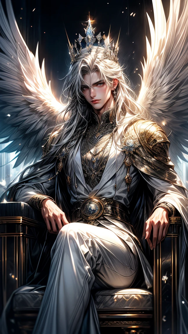 Masterpiece, best quality, high resolution, highly detailed, male, 1 man ( early twenties ), Good looking face, white long flowing hair ( light in the hair), silver colored eyes ( eyes that glow ), serious expression ( cold look ), pale white skin, the has large angel like wings on his back ( pay attention to the wings ), wearing a white hoodie, and white pants, black watch, surrounded by the splendors of the earth, wearing a crown made of transparent diamonds and sitting on a silver throne, pay attention to stunning details, and achieve a resolution of 128k, floating in a dynamic pose, high quality, with a majestic aura of authority.