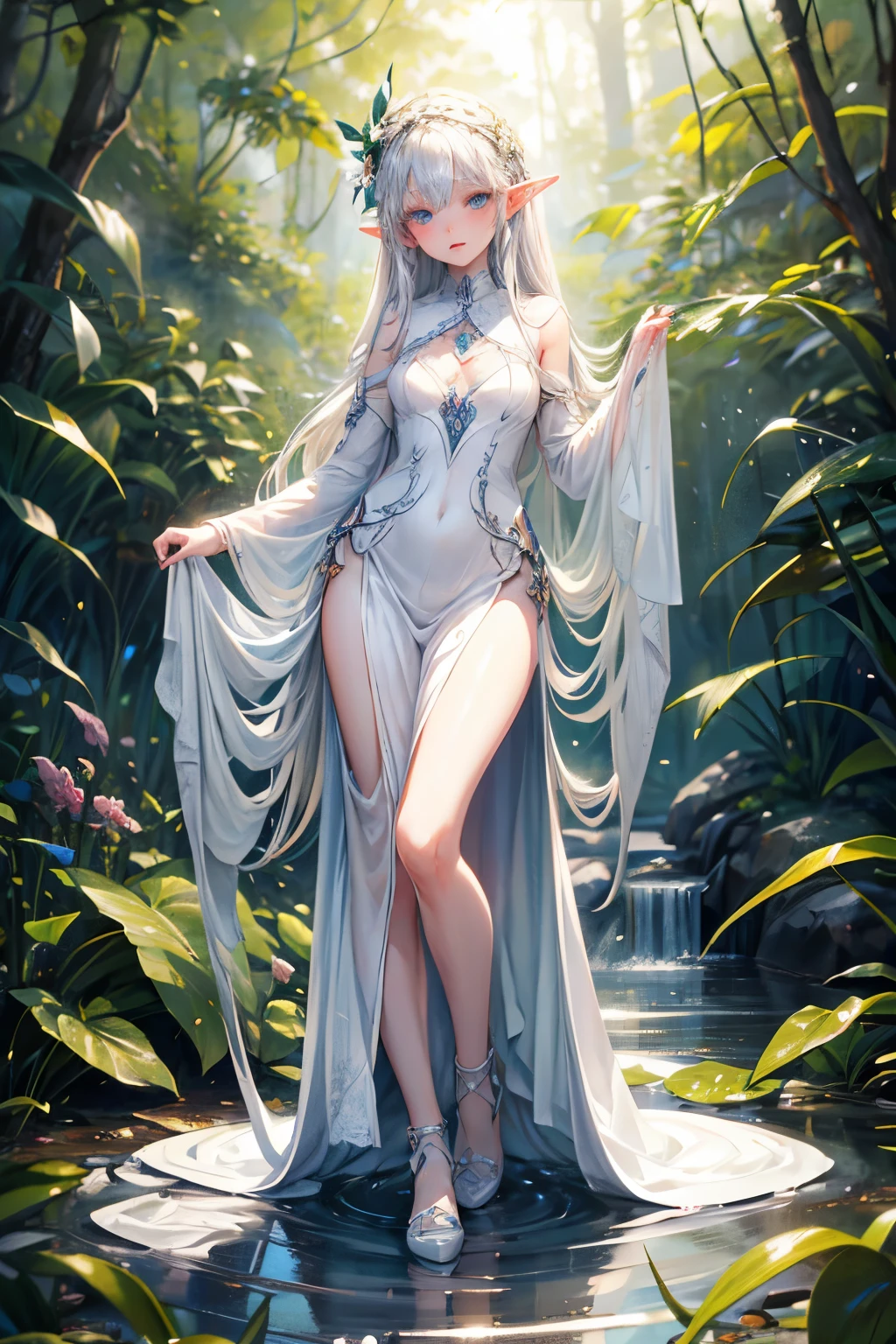 masterpiece,Highest quality,Very detailed,Elf Beautiful Girl,Beautiful white dress, ager,Long straight silver hair,Beautiful and detailed eyes,skinny,Small breasts, full body,Dynamic,Forest Lakeside