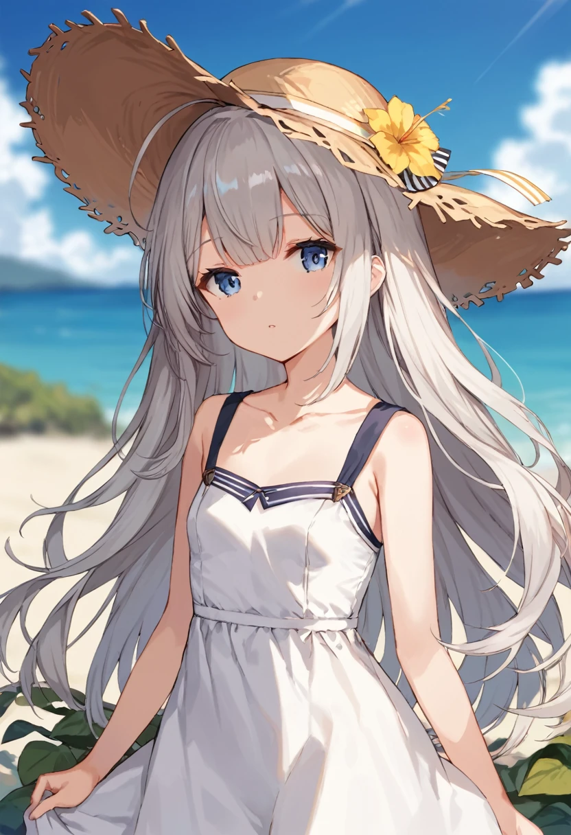 score_9,score_8_up,score_7_up,source_anime,cowboy shot,Idealized Forms,Natural Light,details background,blurry background,extremely detailed,kawakaze(azurlane),fox_girl,long_hair,bangs,blue_eyes,grey_hair,white_hair,ahoge,hair_between_eyes,Sharp Eyes,small brests,sidelocks,small breasts, flat chest,collarbone,summer dress,blue sky,shining,sun floer,Straw hat