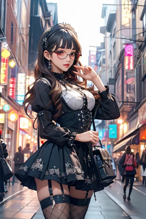 Highest quality、masterpiece、High sensitivity、High resolution、Detailed Description、Slender women、Glasses、Fishnet tights、Gothic Lolita、