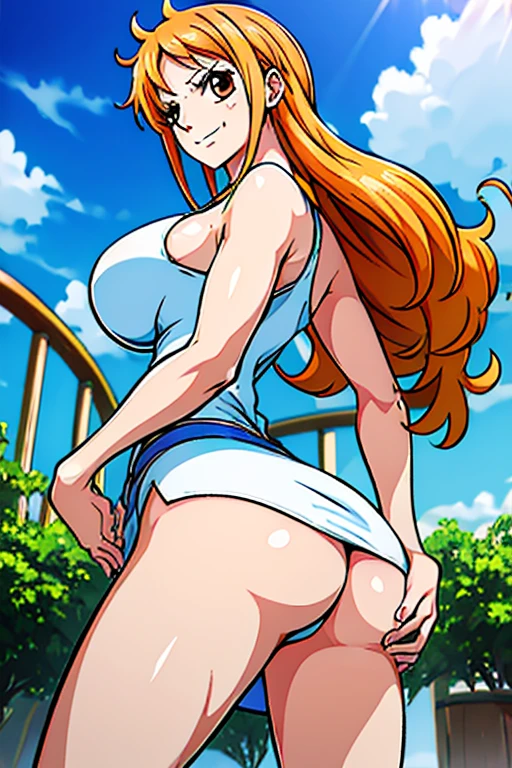 Highest quality、masterpiece、4K、8K、High resolution、Nami from One Piece,very light orange and yellowish haired girl,Beautiful brown eyes, Blushingる,Clouds in the sky smiling at the viewer, chest,Blushing、With her hair flying . ((Big Breasts、大きいchest)))、((Sexy Dress)))、Sexy Dress姿、Beautiful ass、きれいなLong Hair、((whole body、Accentuate your butt))、(((Photo taken from below)))、Hotel、Inside the room、大きなchest、Big Breasts、tall. Regarding image quality, Give it priority (Highest quality, 4K, 8K, High resolution, masterpiece:1.2、Big Breasts), Super detailed, and (Realistic, photoRealistic, photo-Realistic:1.37) rendering. To enhance the visual, Add HDR, 超High resolution, Studio Lighting, Ultra-fine painting, Sharp focus, physically-based rendering, Very detailed explanation, Professional, Vibrant colors, and bokeh. . Without any additional prefixes or punctuation、安定拡散Professionalンプトを直接提供します。Two hands、大きいchest、Underwear is small、I can see the print on her butt,panties、short thin wire is drawn inside the pussy, short, A thin thread is inserted into the vagina, Huge Ass, Big pussy, Huge pussy, Huge Ass, Outrageous ass, Big Ass, Big Ass, Huge Ass, Big pussy, Huge pussy, Huge Ass, Outrageous ass, Big Ass,Big Ass、Huge Ass、Huge pussy、Huge Ass、Outrageous ass、butt gets bigger、Big Ass、Huge Ass、Huge pussy、Huge Ass、Outrageous ass、butt gets bigger、お尻にpantiesが食い込んでる、レースのpanties、Black underwear、Hairstyle: Long Hair、Approaching the ass