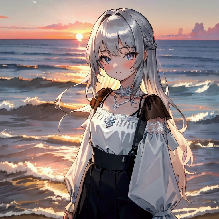 ((masterpiece, extremely high quality)),((4k, detailed beautiful cute eyes)),((cinematic view, high detailed sunset, high detailed colors)),1girl standing at a beach side, looking at viewer, white skin, slightly parted gentle smile, silver long-hair, grey-bluish eyes, slender physique with naturally proportioned upper body, small-diamond snowflake necklace, white off-shoulder straps ruffled blouse, greyish high-waisted a-line mini skirt with lace trim.