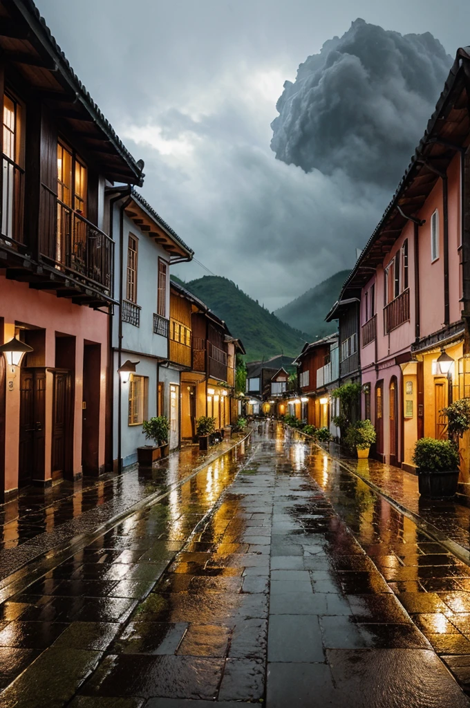 A village, Playful and rainy, with raindrops, umbrellas, and pastel colors.