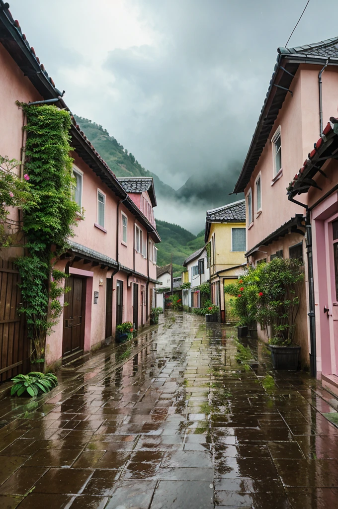 A village, Playful and rainy, with raindrops, umbrellas, and pastel colors.
