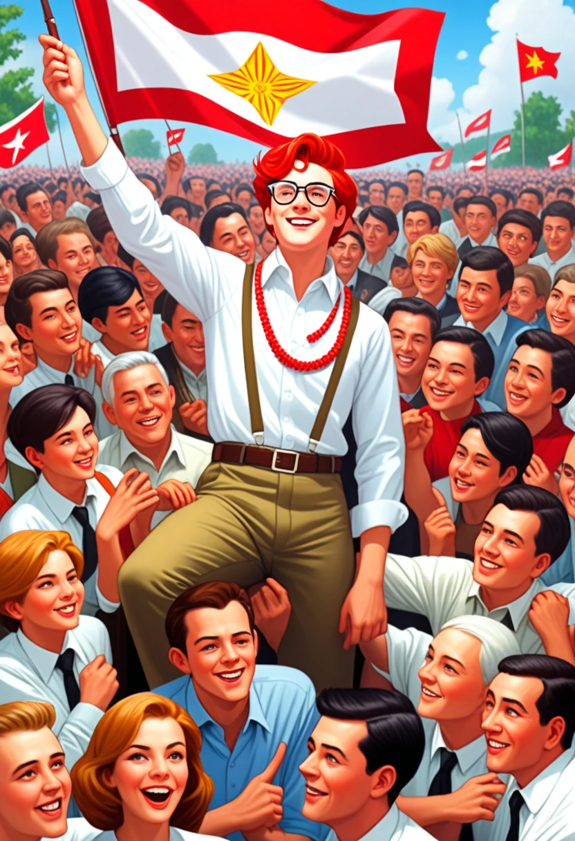 display propaganda, depicting a 20-year-old man with red hair wearing glasses. He wears a general’s uniform and looks straight ahead with a proud look and smiles. He is represented very large in the center of the poster and he raises his arm in front of him. Last one, several modern fighter planes fly leaving a white drag. At the feet of the man, a crowd of happy people looks at the man with admiration, applauding him. At the bottom of the poster is a flag with three colors: Yellow, White and Red. At the bottom of the poster there is written in red letters "Follow the supreme leader!" [Propaganda poster] [Crowd of happy people] [Inscription "Follow the supreme leader!"]