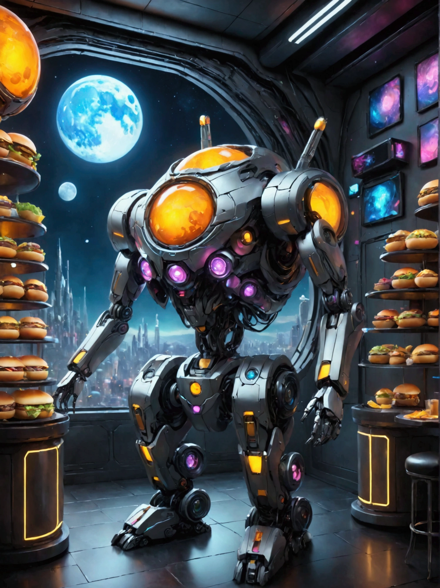 Best quality，8K，high resolution，masterpiece，Ultra Detailed，lifelike，Photorealism，future world，Fast food restaurant on the moon，Girl staff，apron，hat，Transparent Mecha，Cyberpunk Robot，doll，Beautiful meticulous eyes，Beautiful delicate lips，Extremely detailed eyes and face，Long eyelashes，Physically Based Rendering，Extremely detailed description，Ultra-detailed paintings，Futuristic interior decoration，Neon，Sharp focus，Vibrant colors，Science Fiction，Concept Art，High-tech atmosphere，Studio Lighting，HDR，Ultra HD，Bokeh