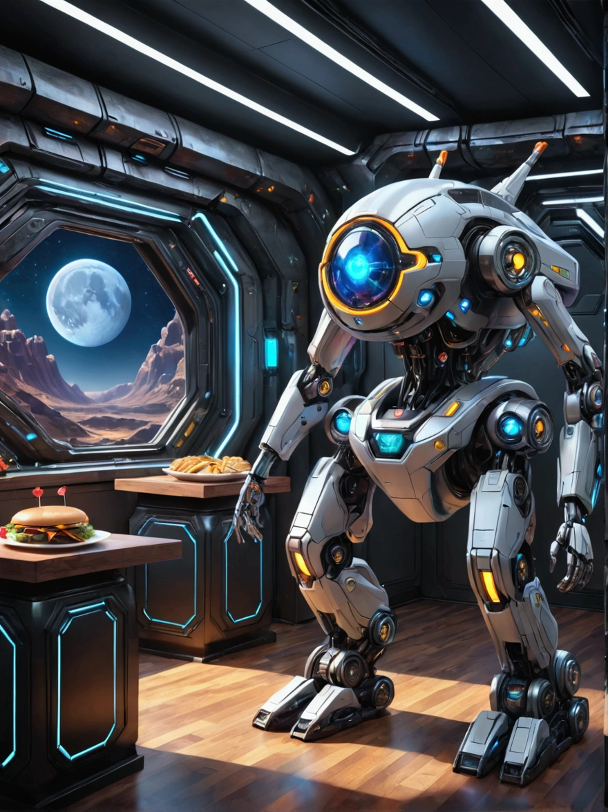 Best quality，8K，high resolution，masterpiece，Ultra Detailed，lifelike，Photorealism，future world，Fast food restaurant on the moon，Girl staff，apron，hat，Transparent Mecha，Cyberpunk Robot，doll，Beautiful meticulous eyes，Beautiful delicate lips，Extremely detailed eyes and face，Long eyelashes，Physically Based Rendering，Extremely detailed description，Ultra-detailed paintings，Futuristic interior decoration，Neon，Sharp focus，Vibrant colors，Science Fiction，Concept Art，High-tech atmosphere，Studio Lighting，HDR，Ultra HD，Bokeh