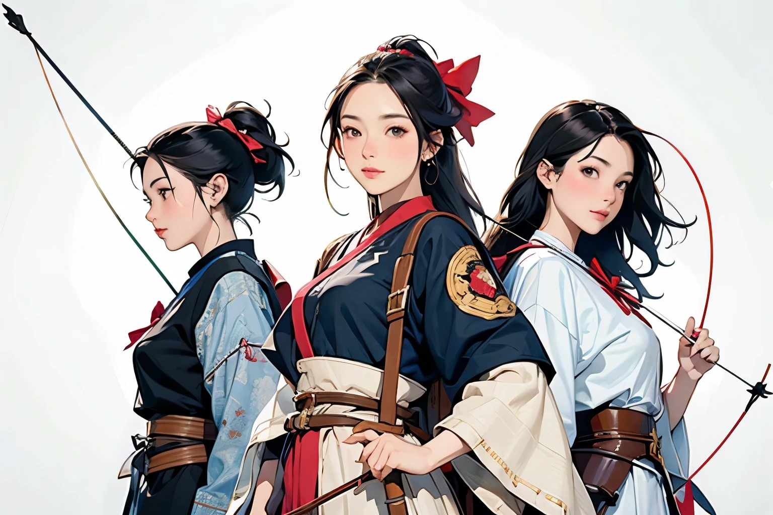 (Perfect Face,Arafe illustration of three women in different clothes)、(Girls standing in line)、beautiful girl,   (Holding a bow in his left hand:1.2), longbow, (Holding an arrow:1.2), (kaburaya:1.2), kyudou-hikiwake, Outstretched arms, Black Igote, Deerskin peeling, Red Mussel, Bust Up Illustration、White Background、(Front view:1.4)、(masterpiece, Highest quality:1.2), 