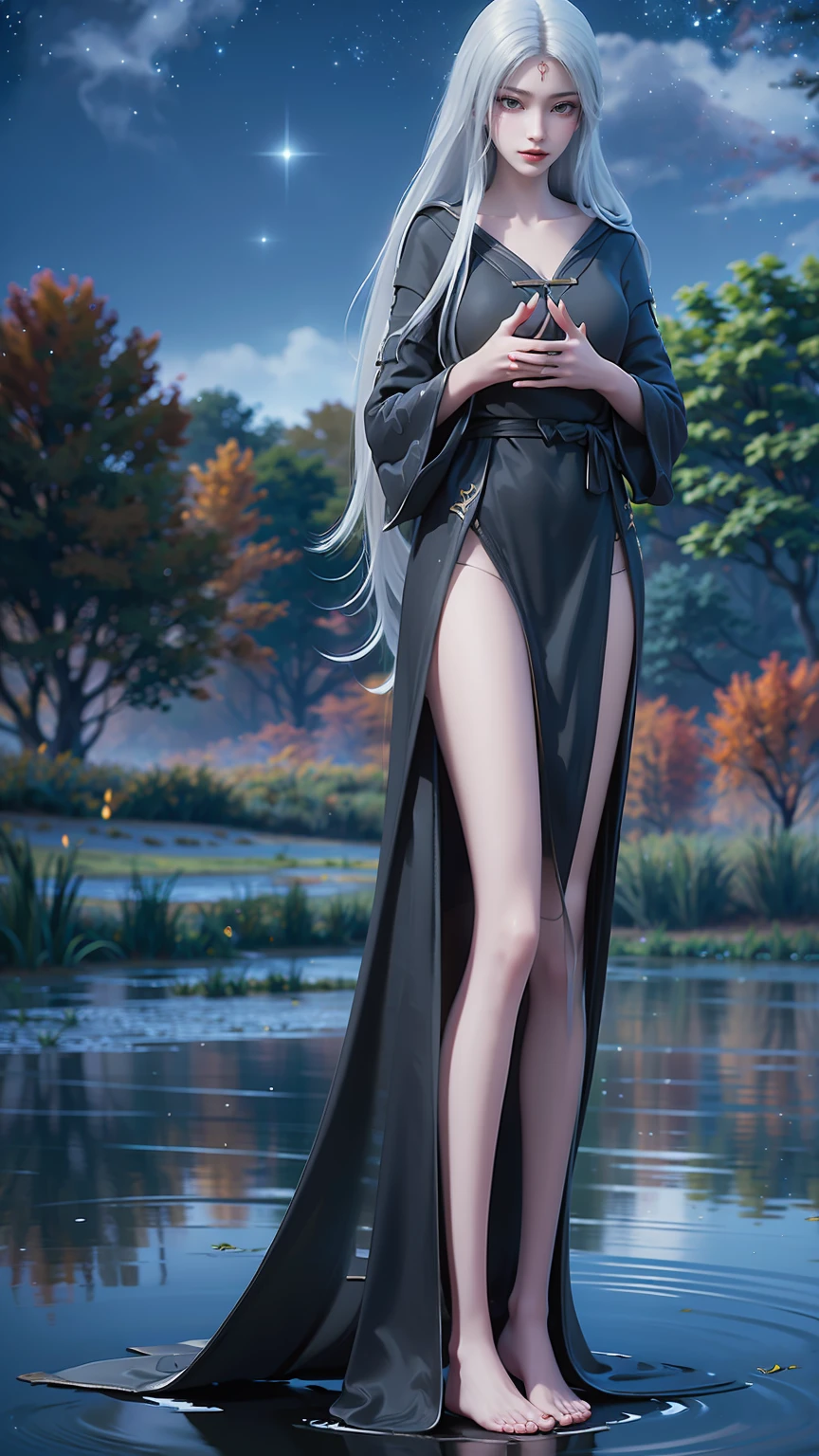 Cartoon woman kneeling on the starry sky, Water splashes at the knees，CG Social Trends, Smooth anime CG art, Starry sky background，Full body view，Royal sister kneeling posture，(((White long hair)))，(((Green eyes))，((Black robe))，((Place one hand on your chest))