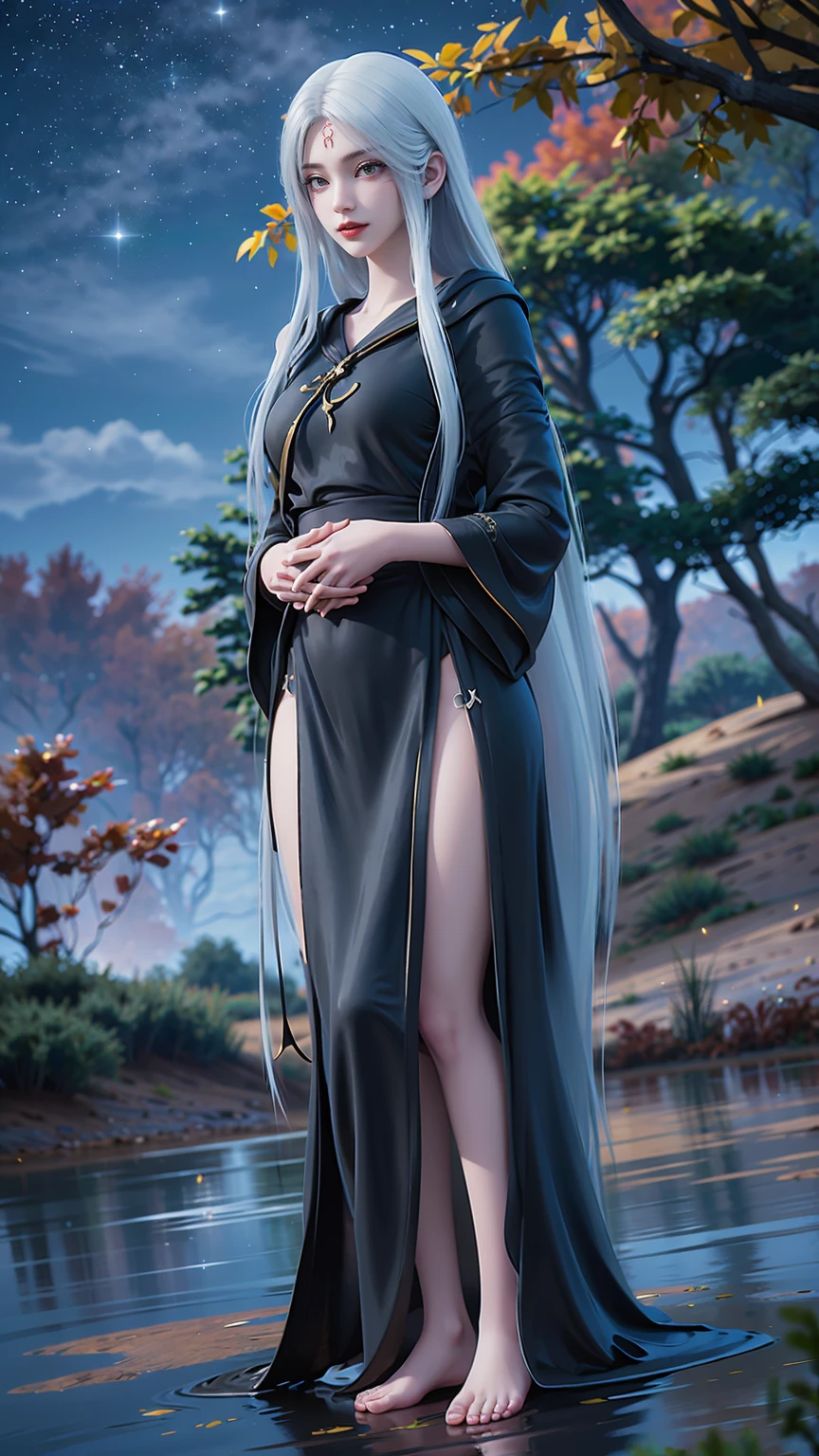 Cartoon woman kneeling on the starry sky, Water splashes at the knees，CG Social Trends, Smooth anime CG art, Starry sky background，Full body view，Royal sister kneeling posture，(((White long hair)))，(((Green eyes))，((Black robe))，((Place one hand on your chest))