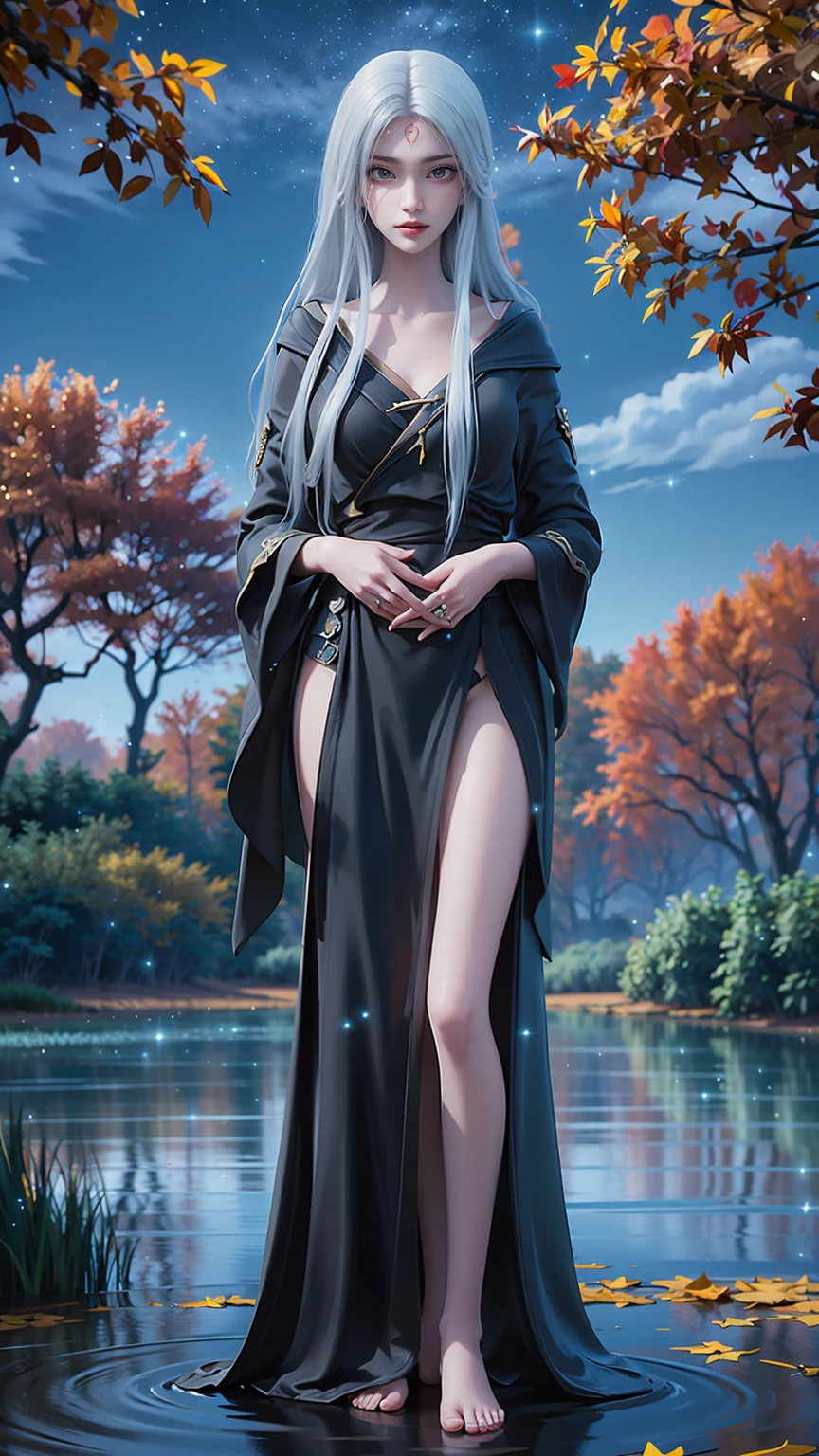 Cartoon woman kneeling on the starry sky, Water splashes at the knees，CG Social Trends, Smooth anime CG art, Starry sky background，Full body view，Royal sister kneeling posture，(((White long hair)))，(((Green eyes))，((Black robe))，((Place one hand on your chest))