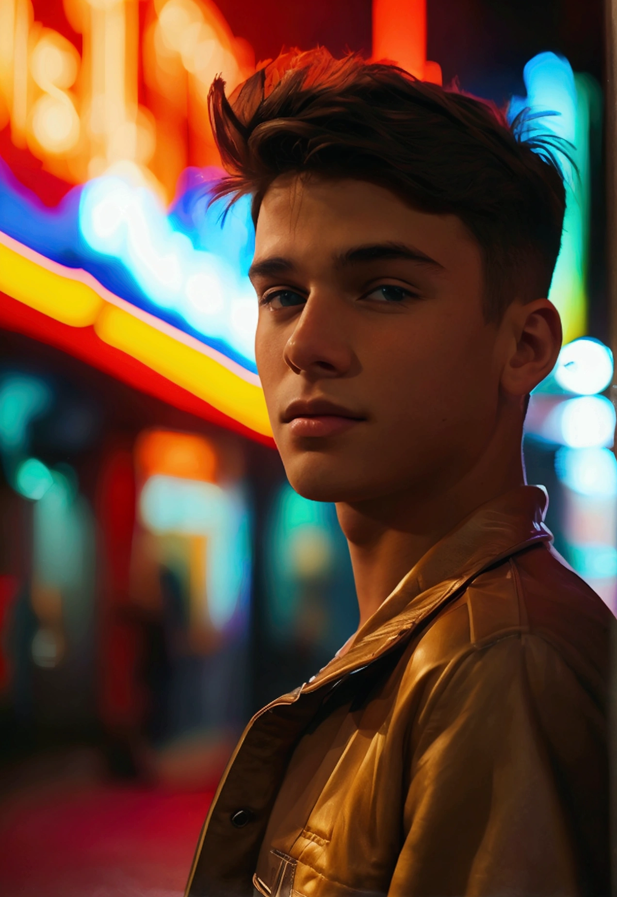 Realistic photo of solo handsome age men ,Standing In front of nightclub