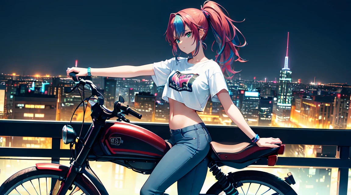 masterpiece, One girl ((20-year-old, Crop top T-shirt exposes navel, Tight blue jeans, boots, Medium chest, Multicolored red hair, ponytail, Green Eyes, cool, coolな笑顔, To the camera, ((Ride a big bike in the middle of a modern city)), Towering skyscrapers with neon lights, Modern and energetic atmosphere), ((at night))