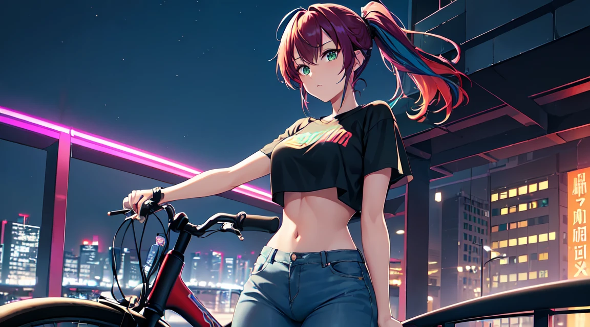 masterpiece, One girl ((20-year-old, Crop top T-shirt exposes navel, Tight blue jeans, boots, Medium chest, Multicolored red hair, ponytail, Green Eyes, cool, coolな笑顔, To the camera, ((Ride a big bike in the middle of a modern city)), Towering skyscrapers with neon lights, Modern and energetic atmosphere), ((at night))
