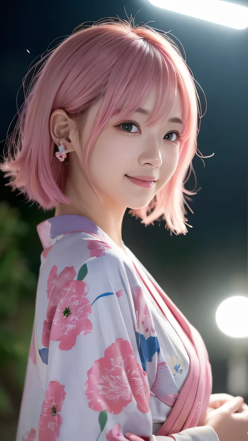 yukata、Summer festival、(Highest quality,masterpiece:1.3,Ultra-high resolution,),(Very detailed,Caustics),(Realistic:1.4,RAW shooting,)Ultra-Realistic Capture,Very detailed,High resolution 16K suitable for human skin、 Natural skin texture、、Skin tone is even and healthy looking、 Use natural light and color,One Woman,Japanese,,cute,Pink Hair,Medium Hair,(Written boundary depth、chromatic aberration、、Wide range of lighting、Natural Shading、)、(Outdoor lighting at night:1.4)、(Hair swaying in the wind:1)、short hair、hair ornaments、Put it to your ear、smile