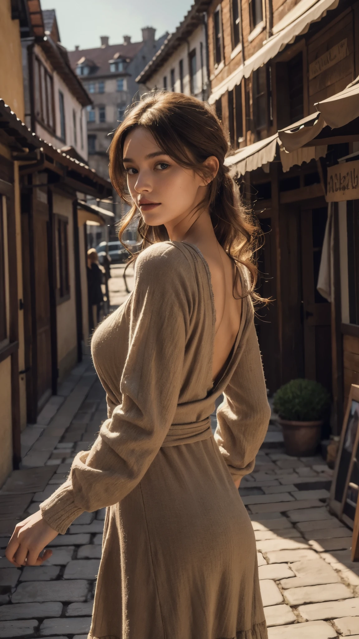 1girl, solo, Rustic homespun dress in earthy brown, made from coarse wool, with a loose smock-like fit, high waistline, and three-quarter length sleeves, Madame, Average Height, Lean, Triangular Face, Tan Skin, Honey Blonde Hair, ice blue Eyes, [[Curved Nose]], Full Lips, Round Chin, Long Hair, Thick Hair, Tapered Afro, natural breasts, , black sheer lipstick, Bending sideways with one arm reaching overhead, Enchanting medieval marketplace bustling with merchants and lively townsfolk, angry, proud, :] , breathtaking, intricate details, absurdres, highres, ultra detailed, highest quality, amazing details. [The character (complete) is surrounded by mist, evoking a mysterious and eerie atmosphere. The lighting is dark and atmospheric, with a red smoke adding a touch of sinister ambiance. Best quality image, with a resolution of 4k and HDR enhancement, showcasing the utmost level of detail and realism, full body shot:1.5]. [8K, Best Quality, Ultra High Resolution, (highly detailed CG unity 8k wallpaper), (best photo), (best shadows), isometric 3D, octane rendering, ray tracing, highly detailed, (Best quality, 4K, 8k:1.2), absurdity, ultra detailed, (realistic, photorealistic, photorealistic:1.37), complex parts, HDR, (complex parts:1.12), (hyper detailed, hyper realistic, Soft lighting, spicy:1.2), (complex parts, Hyper detailed:1.15). Blurred foreground. (backlit), masterpiece, high quality, brightness, chromatic aberration, 8k uhd, foggy smoke, shadows, contrast, clear sky, (warm hue, warm tone), high details, natural reflections].