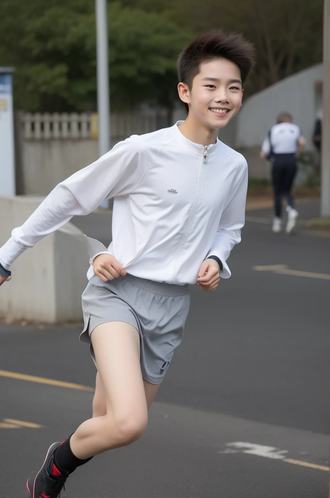 12-year-old boy,Smile，Spread your white and slender legs，jogging，full body，8K五官精致，Handsome boyish feeling，8K，masterpiece,((best quality)),photography,