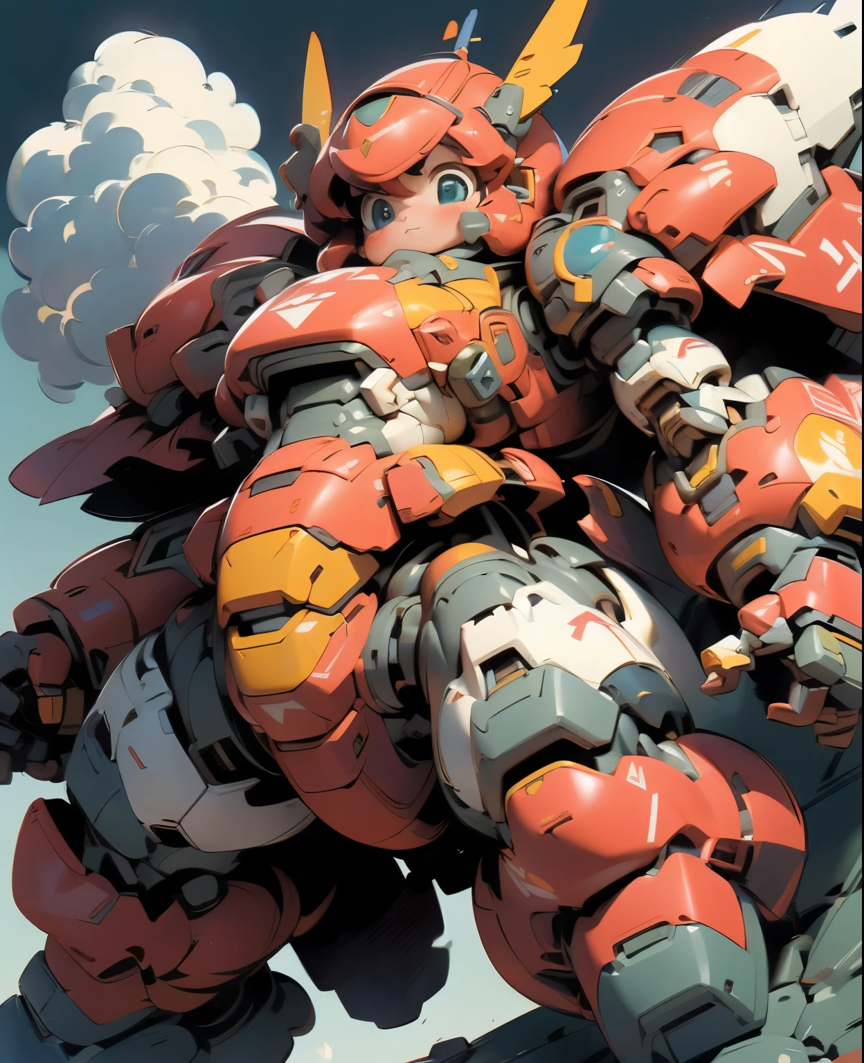 (((1 chibi girl in large red-colored robot costume, from below))), (holding weapons), (chibi), (bulky:1.8), (((helmet:1.5))), large cute face, (((looking down:1.5))), mechanical parts, ((mechanical wings)), (full armor:1.8), (mecha armor:1.8), (shoulder guards:1.2),(huger arms), ((mechanical arms:1.5)), (short legs), (huger body:1.8), (heavy equipment:1.6), (from below), (headgear), blue sky, white clouds, robot joints, becoming a mecha, mecha, (RARS), (HRS), ROBOTANIMESTYLE, BJ_Cute_Mech,cute, girl BREAK ((masterpiece)), vibrant colors, 8k, best quality, ultra detailed illustration, ((best quality)), ((high resolution)), flawless skin textures, shiny oiled skin, extremely detailed anime eyes , extreme light and shadow