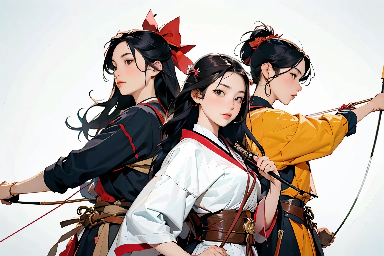 (Perfect Face,Arafe illustration of three women in different clothes)、(Girls standing in line)、beautiful girl,   (Holding a bow in his left hand:1.2), longbow, (Holding an arrow:1.2), (kaburaya:1.2), kyudou-hikiwake, Outstretched arms, Black Igote, Deerskin peeling, Red Mussel, Bust Up Illustration、White Background、(Front view:1.4)、(masterpiece, Highest quality:1.2), 