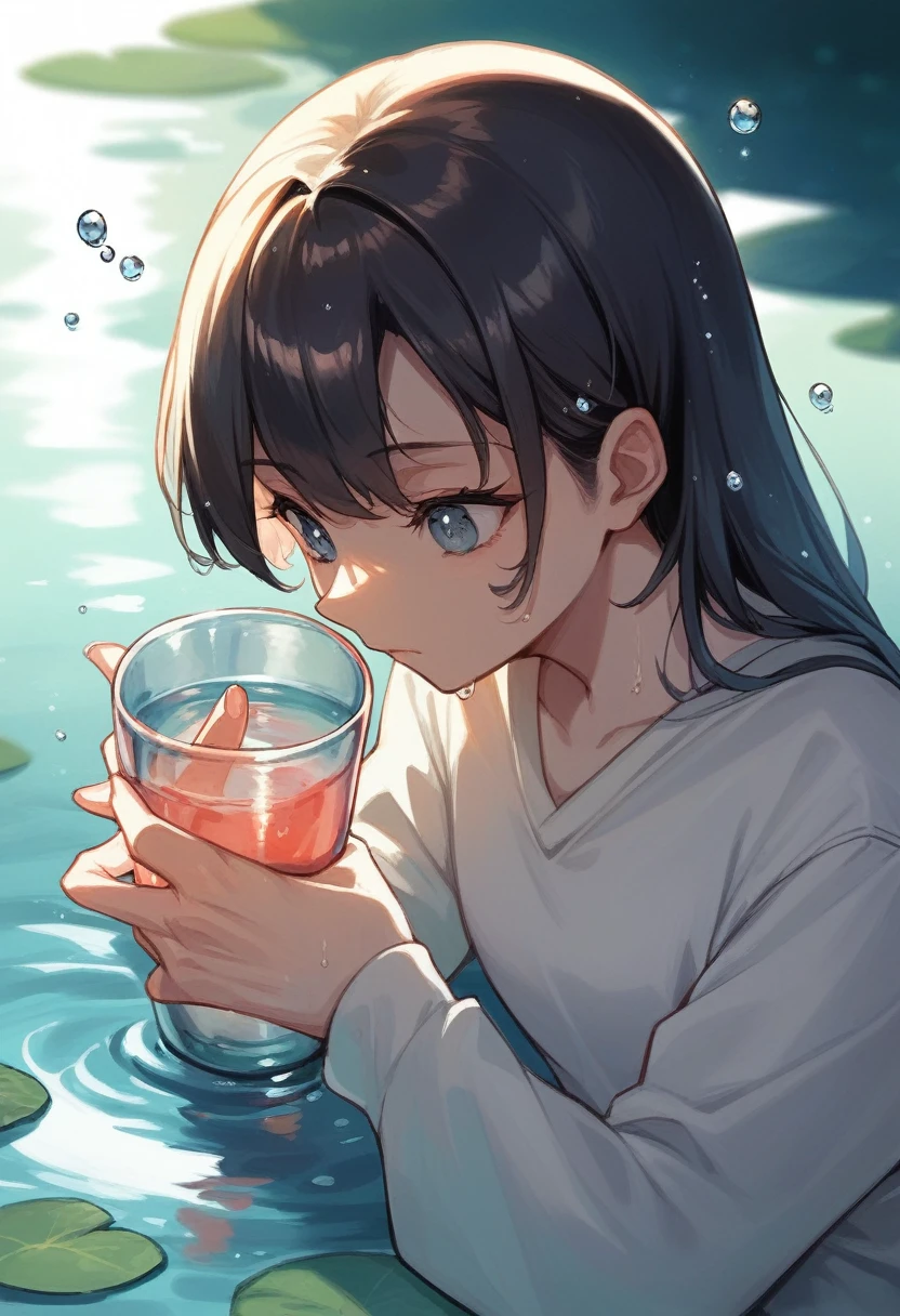 water cup, water drops, shiny reflection, source_anime, score_9, score_8_up
