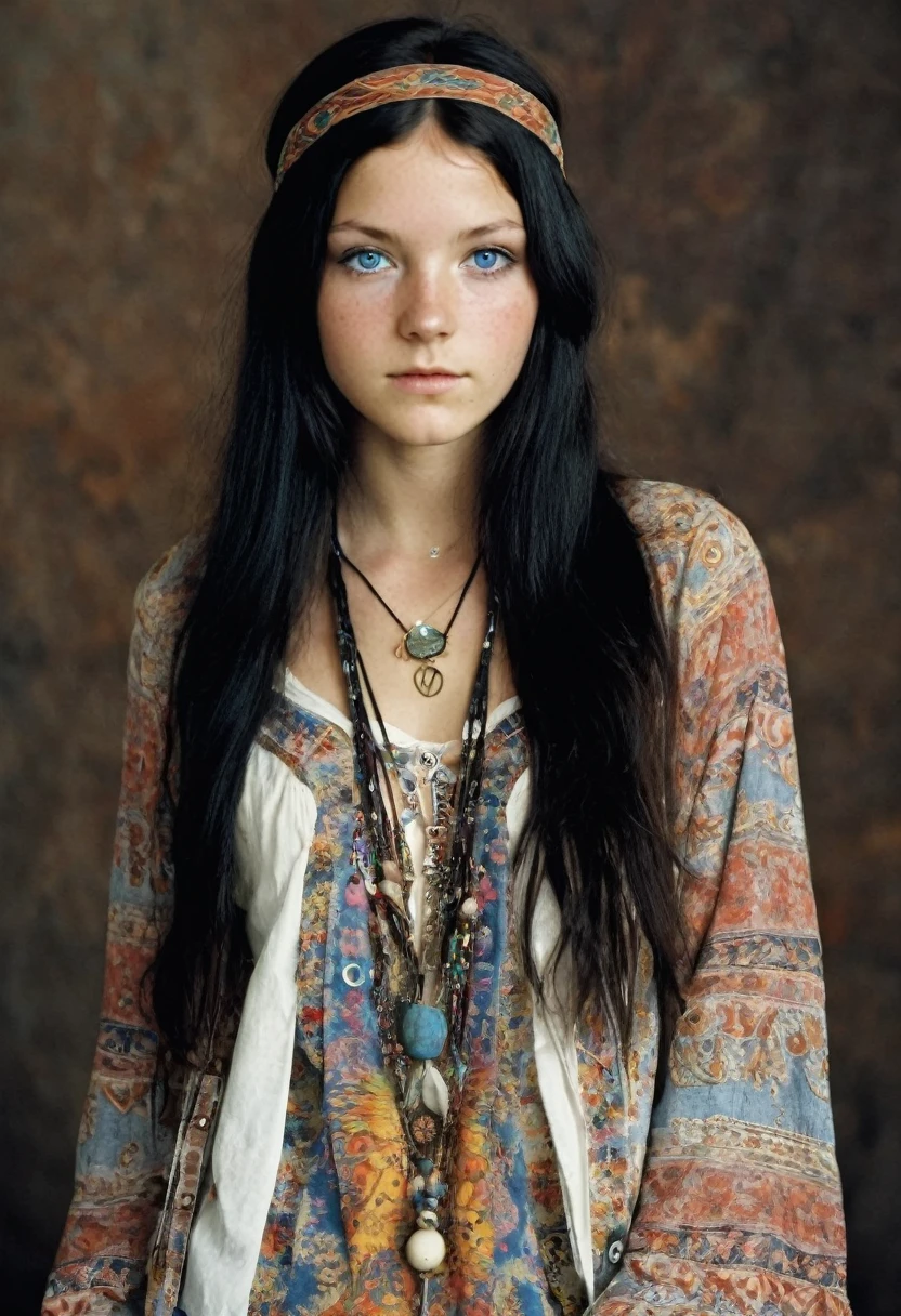 Imagine a beautiful 18 years old american hippie girl in 1969, in a concert hall indoor, long and sleek straight black hair, blue-grey eyes, ultra realistic eyes, white skin, natural makeup, wearing hippie clothes, a summer dress, a worn jeans hippie jacket, pyschedelic jewelry, hippie earings, hippe necklace, ultra detailed face, ultra realistic skin, runner's body, small perky breasts, 8K, ultra high res.photorealistic, UHD close-up shot, lookingt at viewer, hovering gaze, stoned face, relaxed,, RAW photo, sharp