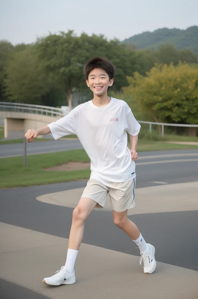 -yeld bomile,Spread your white and slender legs,jogging,full body,8K五官精致,Handsome boyish feeling,8K,masterpiece,((best quality)),photography,