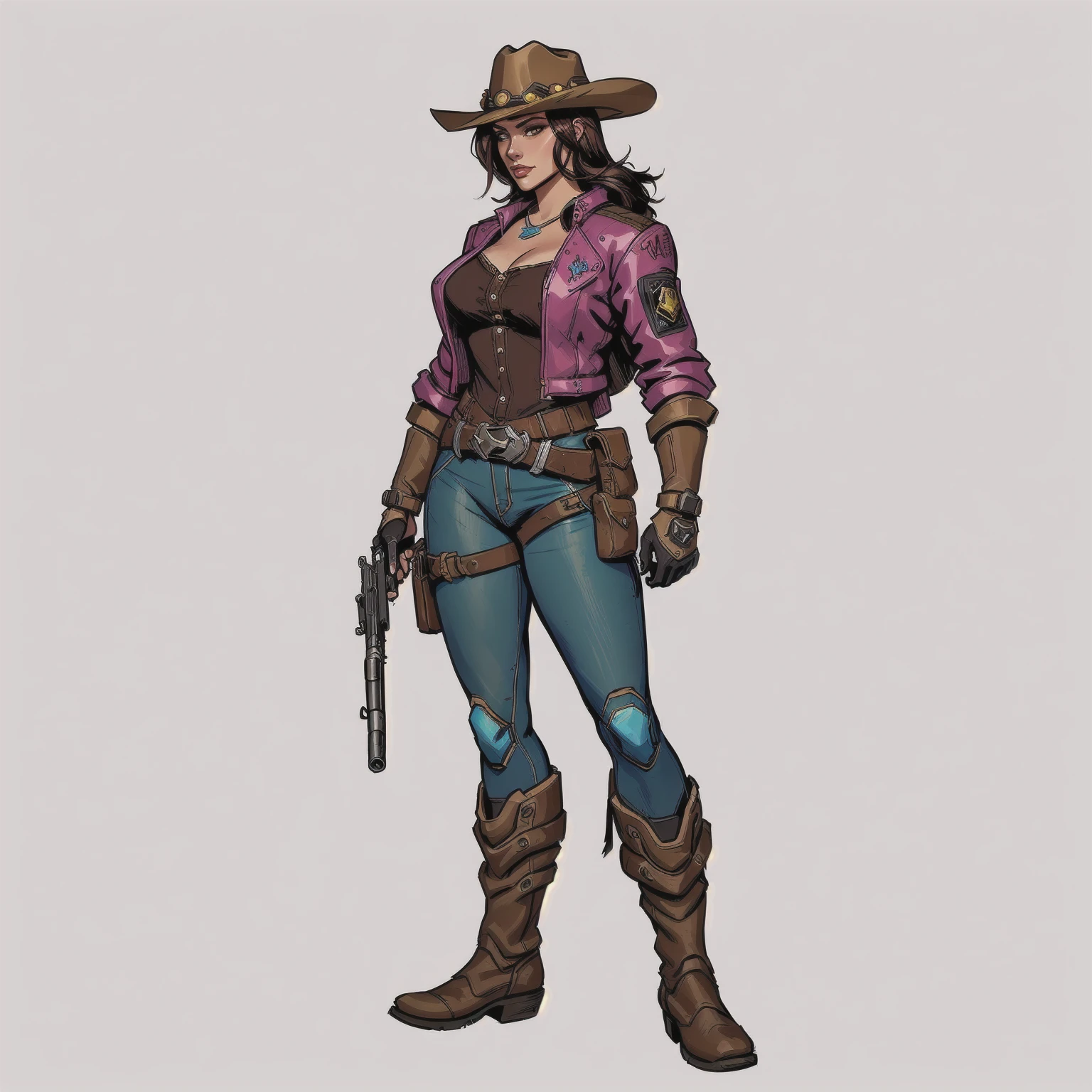 a cartoon of a woman in a cowboy outfit holding a gun, female sheriff, female cowgirl, post - apocalyptic cowgirl, cowgirl, female lead character, mccree from overwatch, character posing for concept art, jesse mccree, cow-girl, western cowgirl, disco elysium character, cyberpunk wild west, female character, western comic book style, official character art