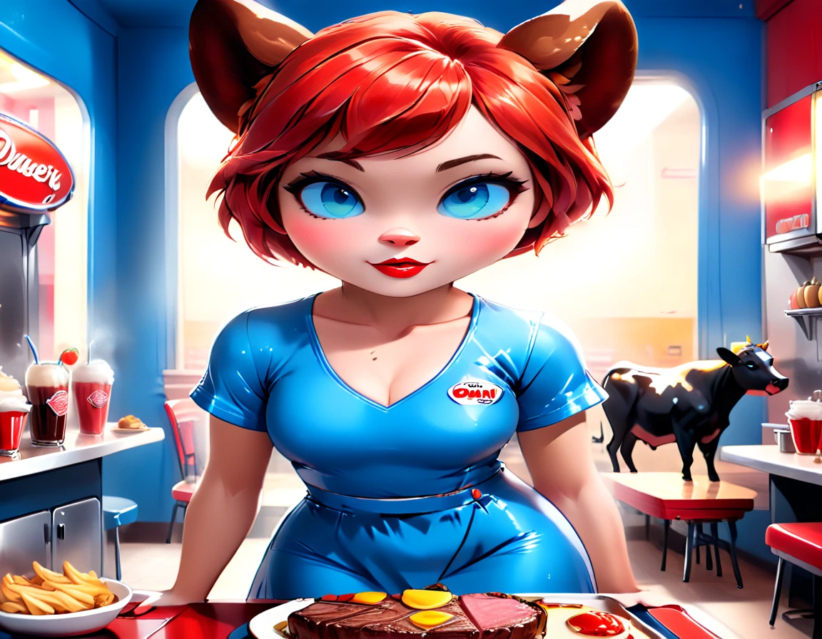 a 3D digital painting picture of extremely beautiful  (anthropomorphic cpw:1.3) serving a big juicy steak on a tray  in American diner, an exquisite beautiful female (cow anthropomorphic:1.3), (full body: 1.1) ultra feminine ultra detailed face, red hair, short hair, little fury, red lips, blue eyes, wearing sexy white seductive latex dress, looking at a American  kitchen background,  dynamic angle, , award winning, best quality, high quality, high details, highres, vibrant, Ultra-high resolution, High Contrast, (masterpiece:1.5), highest quality, Best aesthetics, best details, best quality, highres, ultra wide angle, 16k, [ultra detailed], masterpiece, best quality,  photorealistic, 3D rendering, furry