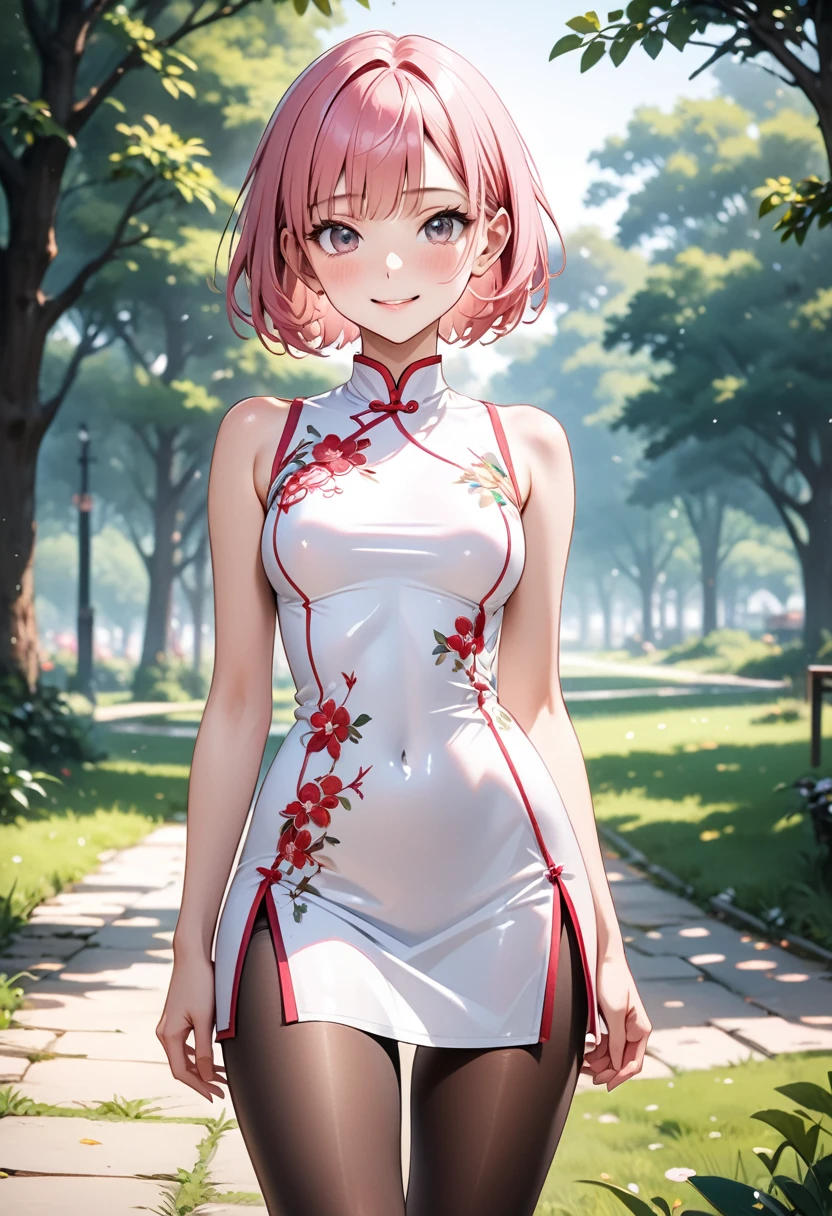 ((A Chinese dress with flashy embroidery)), Metallic Outfit, skinny, solo, 1 woman, Masterpiece, highest quality, highest quality, 16K, incredibly absurd, highly detailed, 2.5D, ai-generated, delicate and dynamic, very delicate facial expressions, delicate eye depiction, erotic, only sexy woman, ((A cute and kind face)), healthy figure, ((25-year-old woman)), 160cm tall, medium firm swaying bust, (short hair), (pink hair:1.5), bob cut, black eye, blush, Sweat,Embarrassed,sexy, ((thin thighs)), (camel toe:0.8), (Erect nipples:0.7), ((shiny and lustrous)), facing straight at viewer, smile, (standing), cowboy shot, ((arm at side)), Large park, daytime, bright, on the grass,