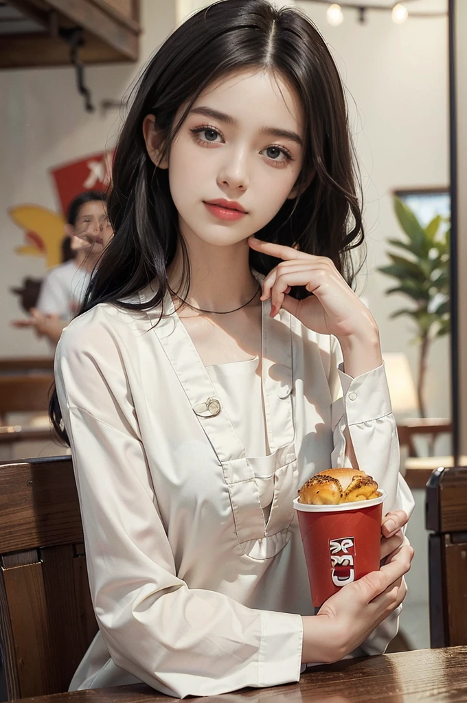(((best quality))),(((ultra detailed))),(((masterpiece))),illustration,((1girl,fast food worker,solo)),(straight black bob hair:1.2),((slim,thin)),((small breasts,flat chest)),sitting,(in KFC:1.3), (burgers and drink on the table:1.2),((red apron,white collar sleeved shirt)), clean, fresh, bright face, sparkling eyes, rosy cheeks, beautiful smile, white teeth, neatly combed hair,sexiness,visible, natural, carefree,bustling restaurant, other customers, enjoying meals, chatting, bright lighting, warm atmosphere, joy, relaxation, cute appearance, carefree attitude, visually appealing, heartwarming,((upper body,from front))